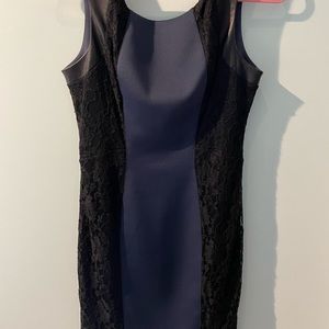 Guess Los Angeles Dress navy satin with black lace sides and leather straps.